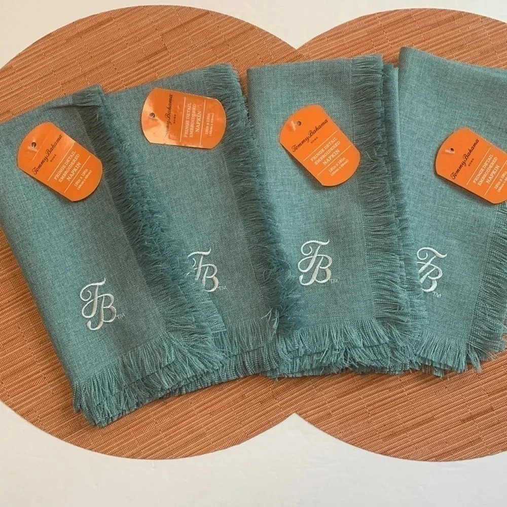 Tommy Bahama Napkins Aqua Fringe Detail TB Embroidered Set of 4 New